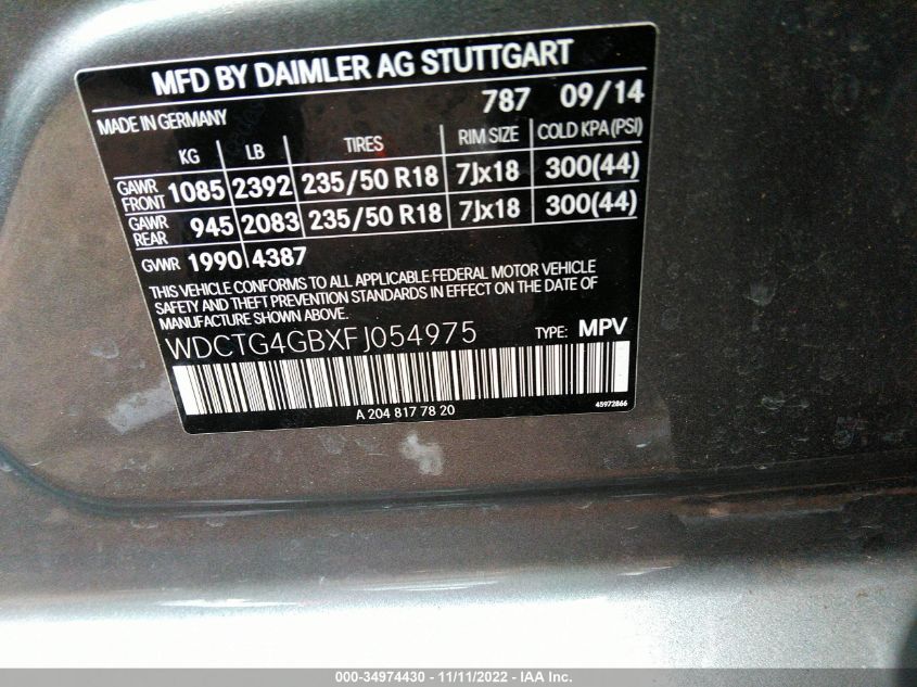 2015 MERCEDES-BENZ GLA-CLASS GLA 250 WDCTG4GBXFJ054975