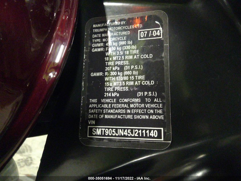2005 TRIUMPH MOTORCYCLE BONNEVILLE AMERICA SMT905JN45J211140