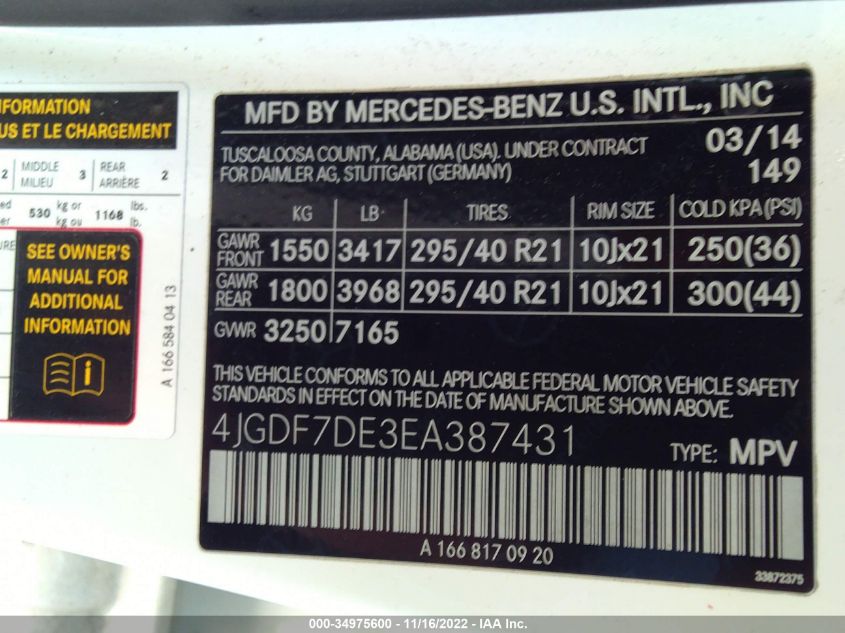 2014 MERCEDES-BENZ GL-CLASS GL 550 4JGDF7DE3EA387431