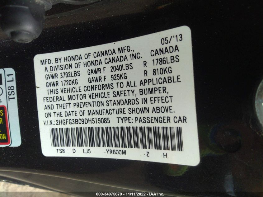 2013 HONDA CIVIC CPE EX-L 2HGFG3B09DH519085