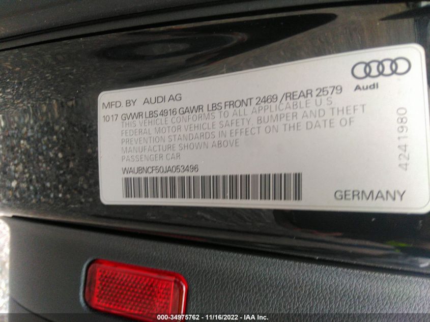 2018 AUDI A5 SPORTBACK PREMIUM PLUS WAUBNCF50JA053496