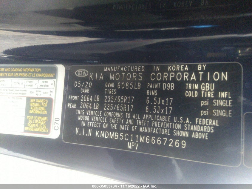 VIN KNDMB5C11M6667269 2021 KIA SEDONA LX