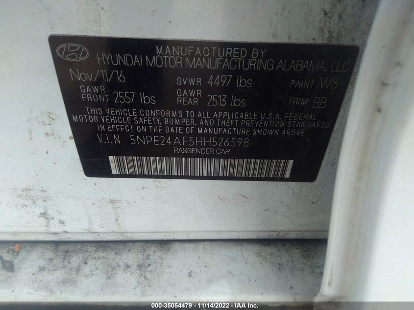 VIN 5NPE24AF5HH526598 2017 HYUNDAI SONATA SE