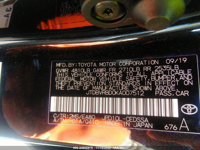 2019 TOYOTA MIRAI JTDBVRBD0KA007512