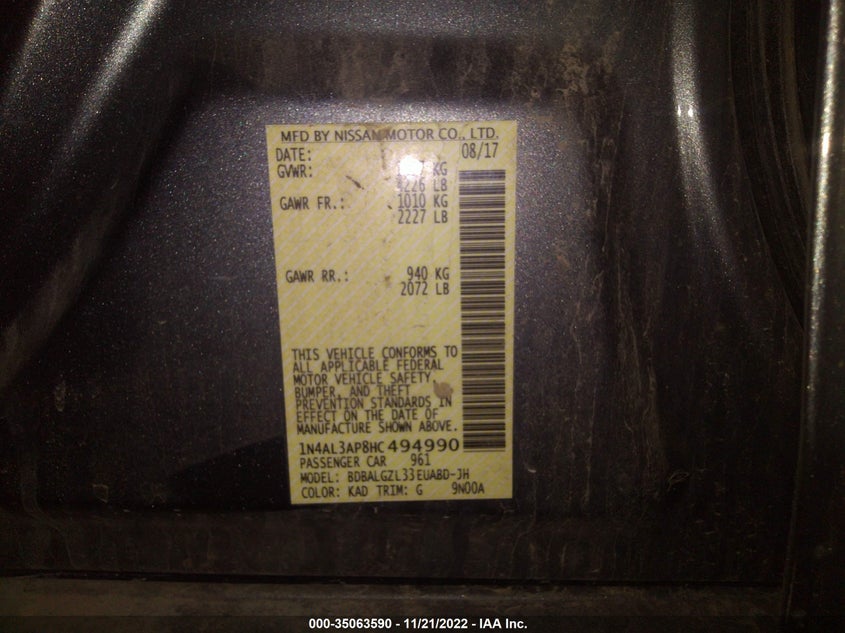 VIN 1N4AL3AP8HC494990 2017 NISSAN ALTIMA 2.5 S