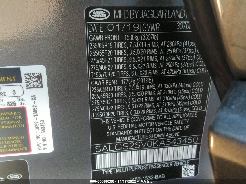 2019 LAND ROVER RANGE ROVER HSE SALGS2SV0KA543450