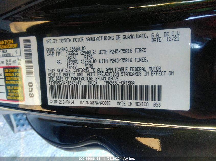 2022 TOYOTA TACOMA 2WD SR/SR5 - 3TYRX5GN4NT042147