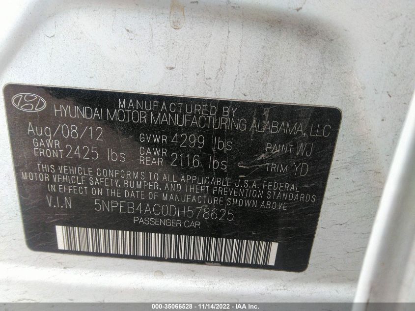 2013 HYUNDAI SONATA GLS - 5NPEB4AC0DH578625