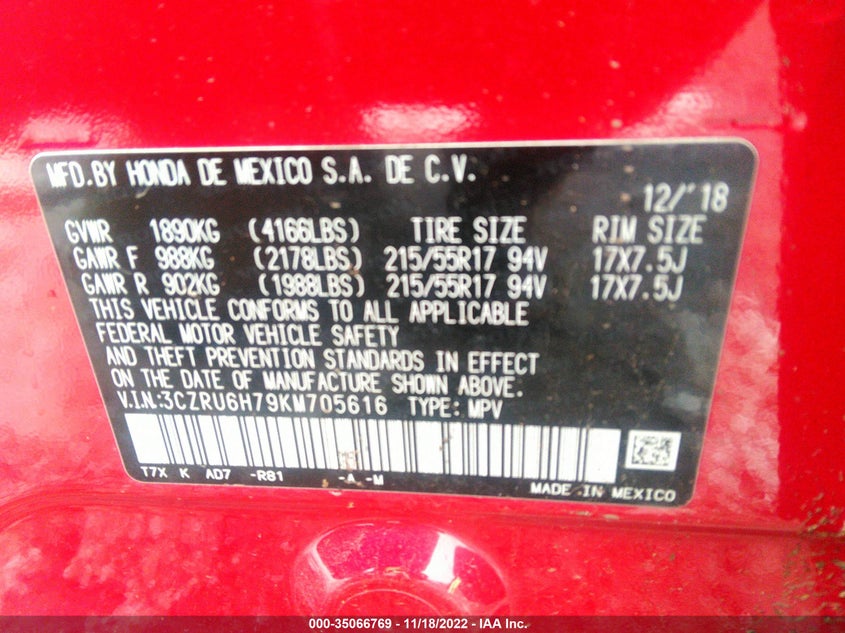 VIN 3CZRU6H79KM705616 2019 HONDA HR-V EX-L
