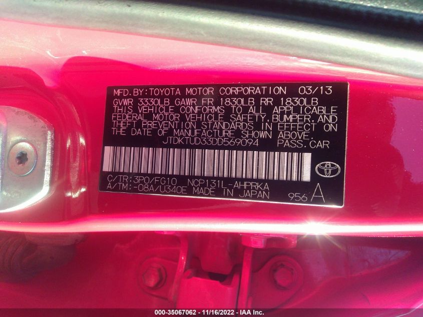 2013 TOYOTA YARIS L/LE/SE JTDKTUD33DD569094