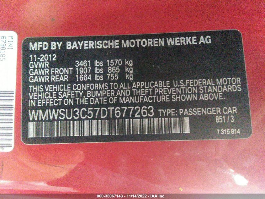 2013 MINI COOPER HARDTOP WMWSU3C57DT677263