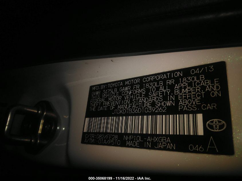 2013 TOYOTA PRIUS C ONE/TWO/THREE/FOUR JTDKDTB36D1039262