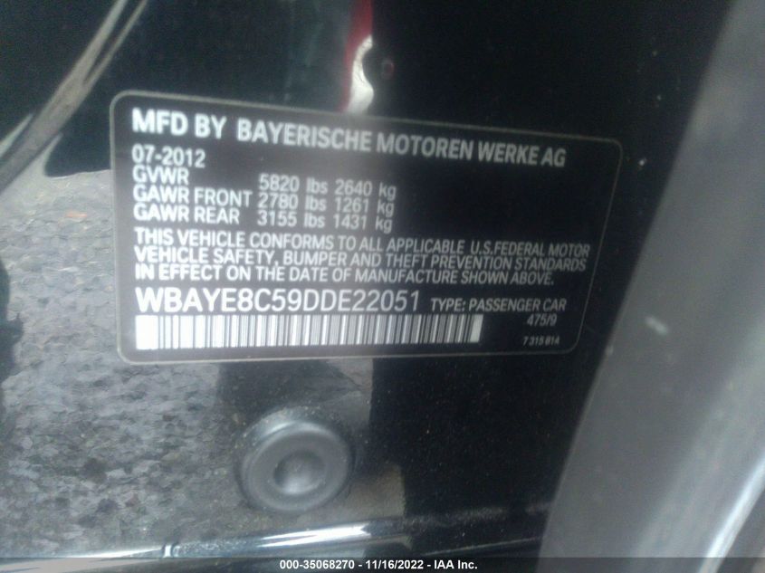 2013 BMW 7 SERIES 750LI WBAYE8C59DDE22051