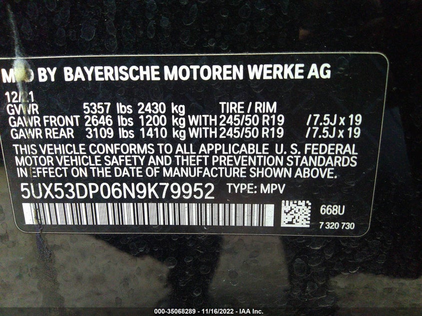 VIN 5UX53DP06N9K79952 2022 BMW X3 XDRIVE30I