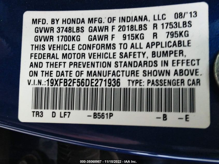 2013 HONDA CIVIC SDN LX 19XFB2F56DE271936
