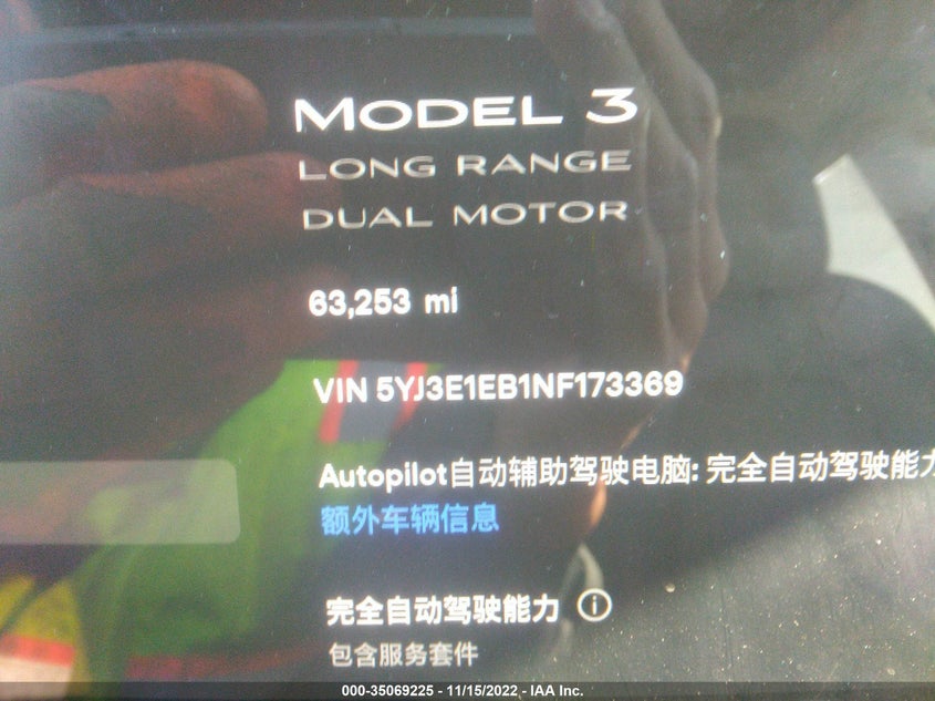 VIN 5YJ3E1EB1NF173369 2022 TESLA MODEL 3 LONG RANGE