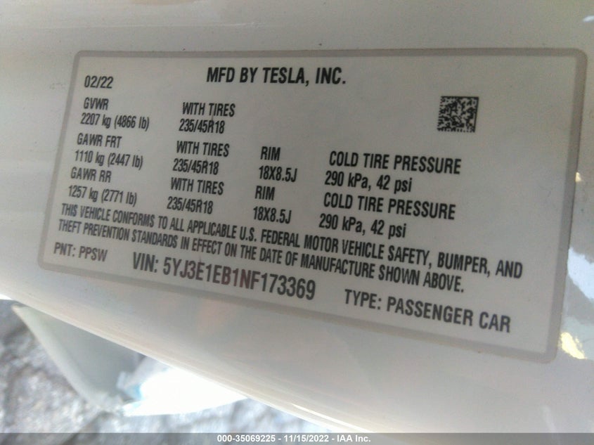 VIN 5YJ3E1EB1NF173369 2022 TESLA MODEL 3 LONG RANGE