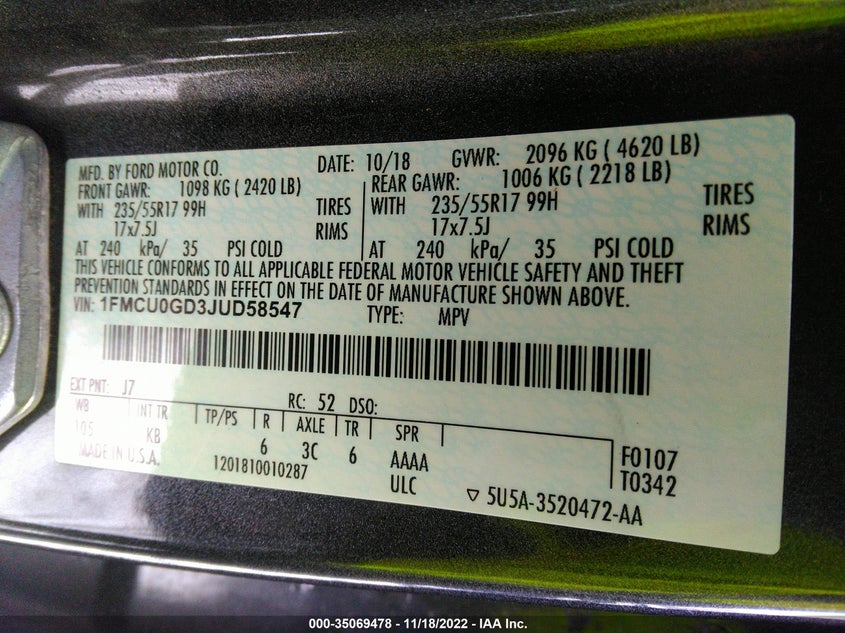 VIN 1FMCU0GD3JUD58547 2018 FORD ESCAPE SE