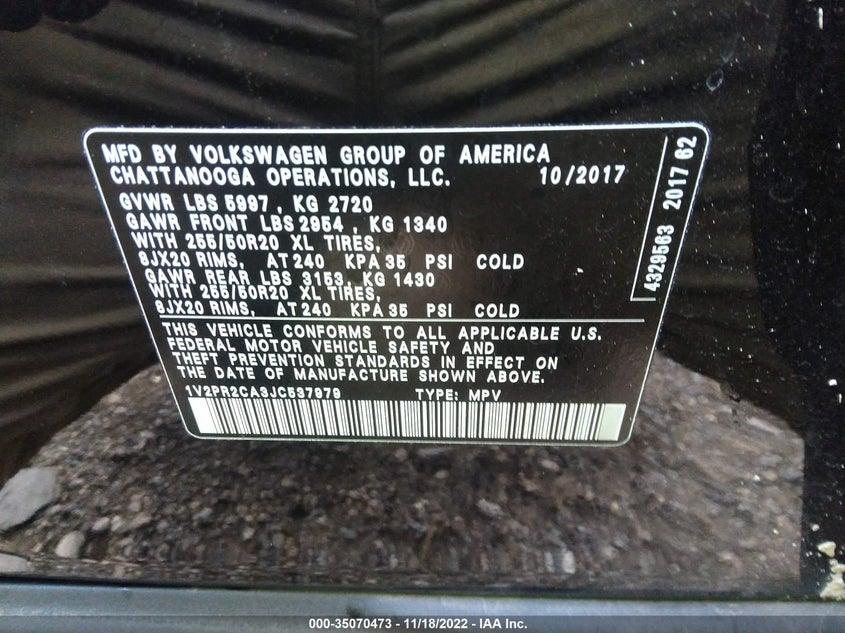 VIN 1V2PR2CA3JC537979 2018 VOLKSWAGEN ATLAS 3.6L V6 SE W/TECHNOLOGY