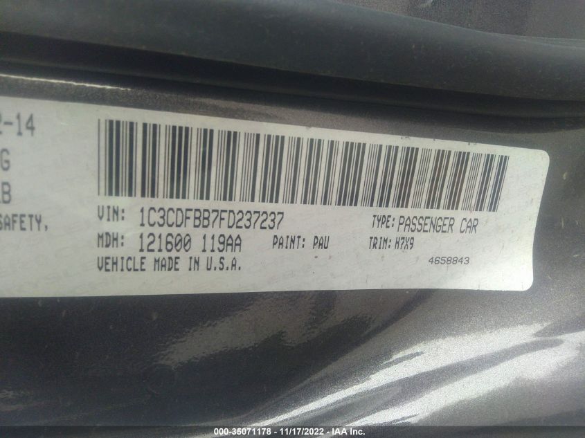 2015 DODGE DART SXT 1C3CDFBB7FD237237