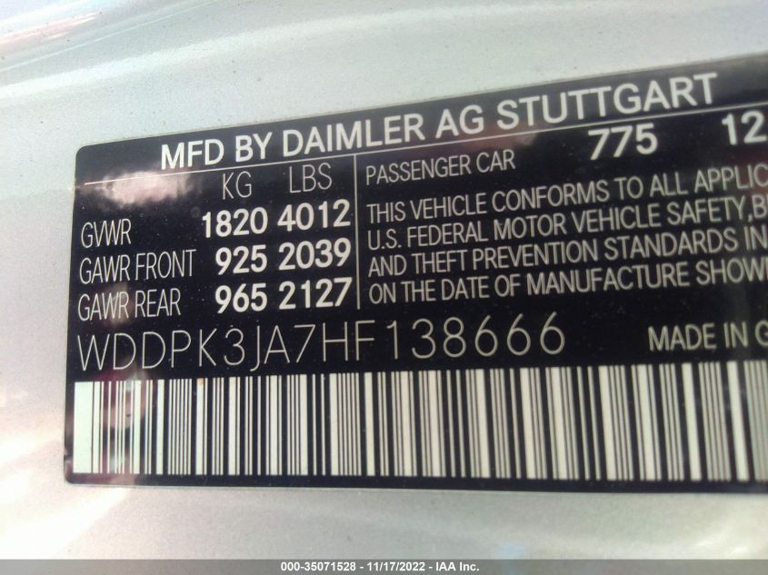 2017 MERCEDES-BENZ SLC WDDPK3JA7HF138666