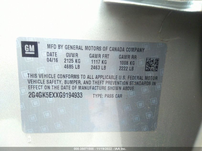 2016 BUICK REGAL 2G4GK5EXXG9194933
