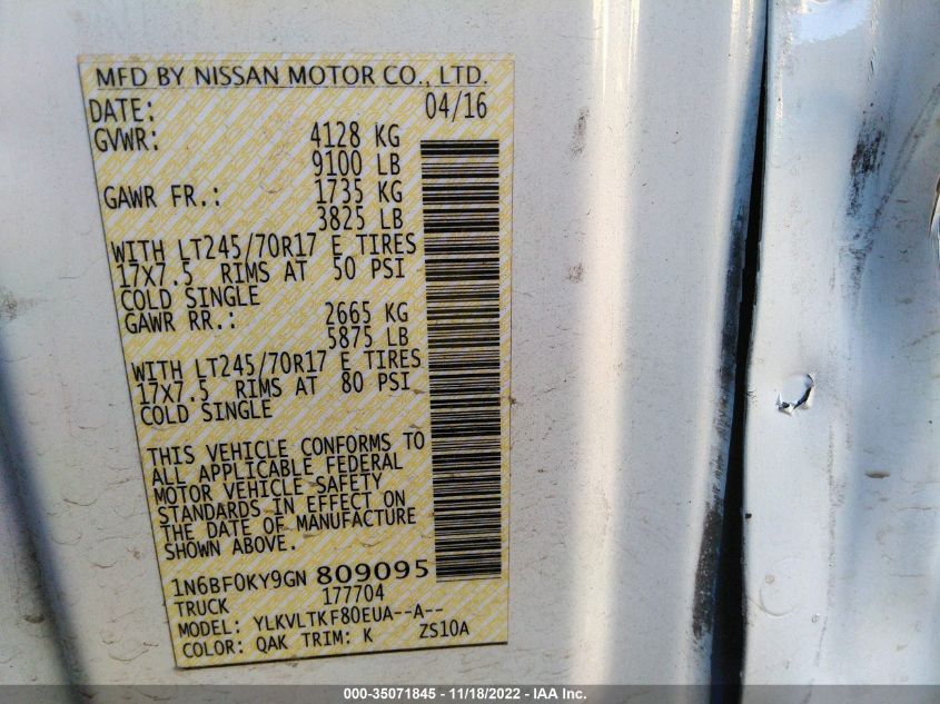 2016 NISSAN NV SV 1N6BF0KY9GN809095