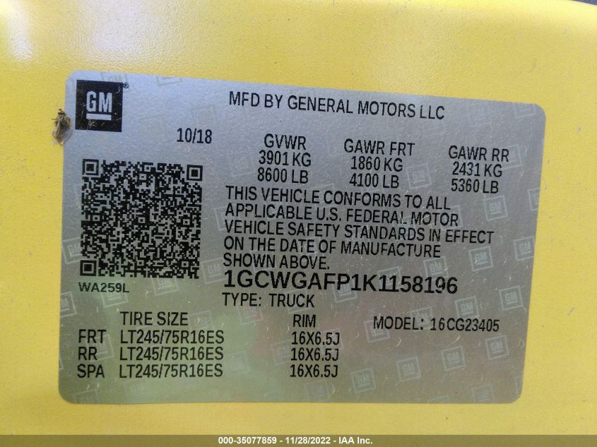 2019 CHEVROLET EXPRESS CARGO VAN 1GCWGAFP1K1158196