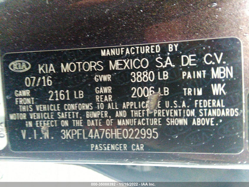VIN 3KPFL4A76HE022995 2017 KIA FORTE LX