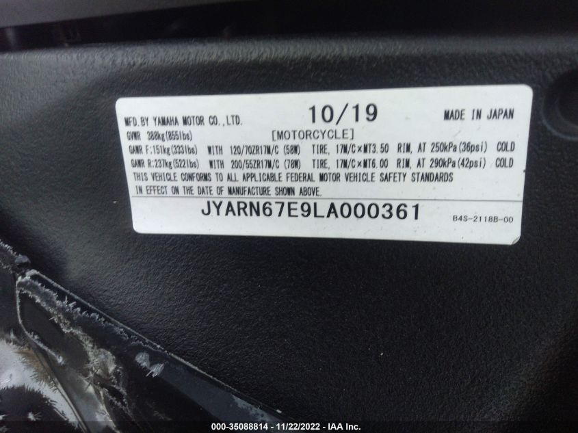 2020 YAMAHA YZFR1M JYARN67E9LA000361