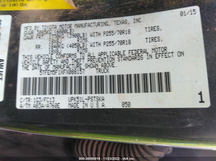 2015 TOYOTA TUNDRA 2WD TRUCK SR5 - 5TFEM5F1XFX088157