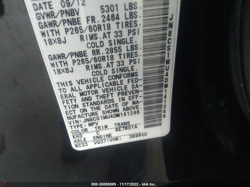 2013 INFINITI FX37 JN8CS1MU4DM141246