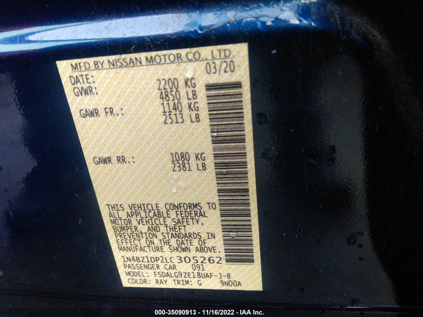 VIN 1N4BZ1DP2LC305262 2020 NISSAN LEAF SL PLUS