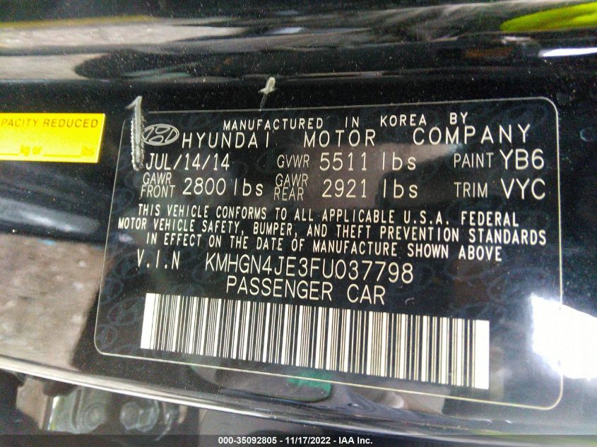 2015 HYUNDAI GENESIS 3.8L KMHGN4JE3FU037798