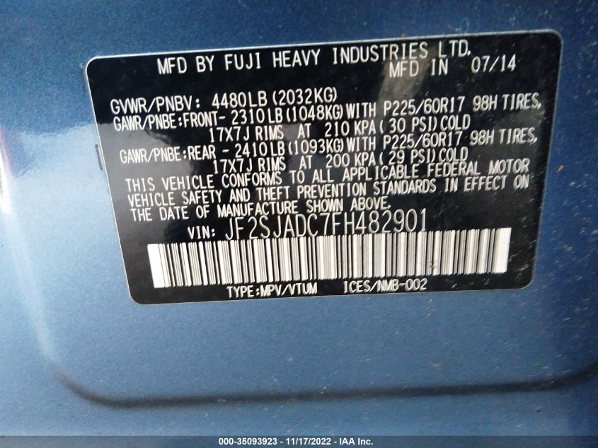 2015 SUBARU FORESTER 2.5I PREMIUM - JF2SJADC7FH482901