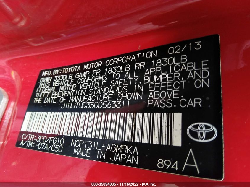 2013 TOYOTA YARIS L/LE JTDJTUD35DD563311