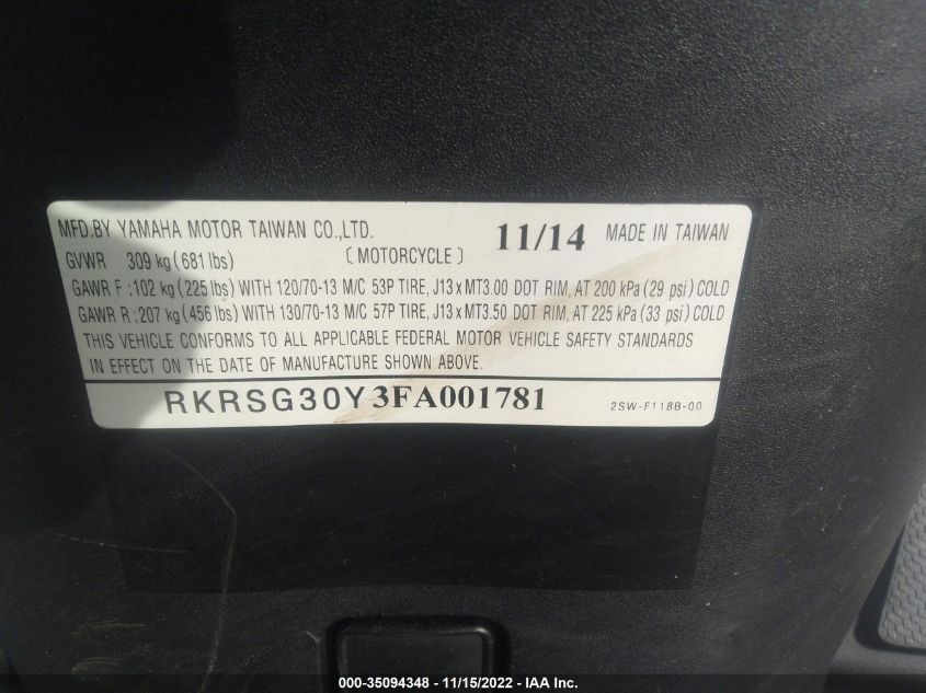 2015 YAMAHA XC155 RKRSG30Y3FA001781