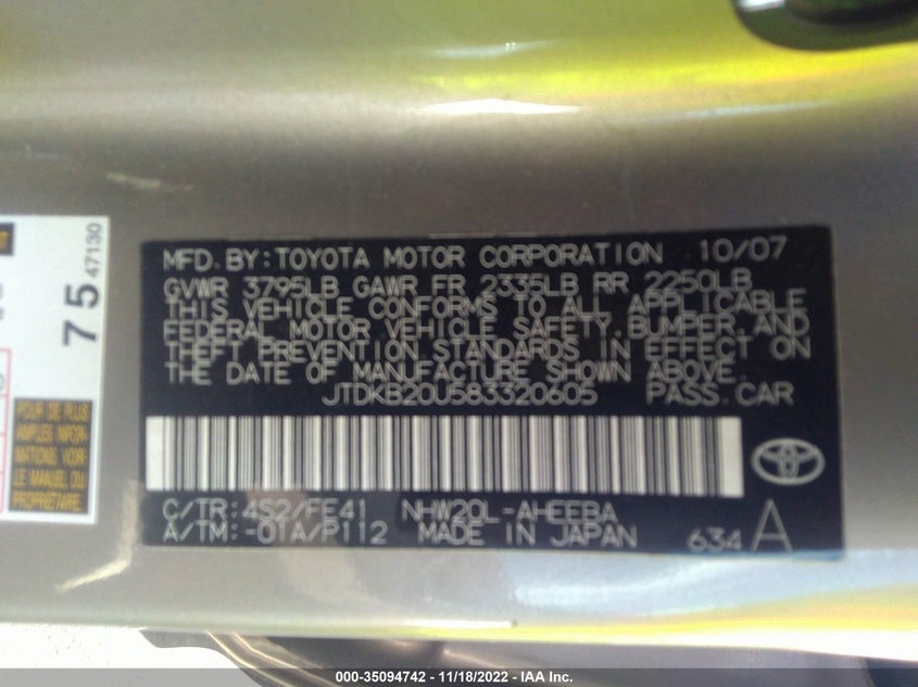 2008 TOYOTA PRIUS VIN: JTDKB20U583320605