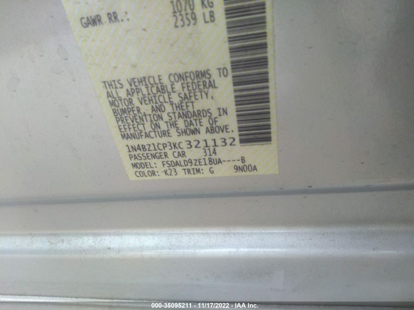 2019 NISSAN LEAF SV PLUS 1N4BZ1CP3KC321132