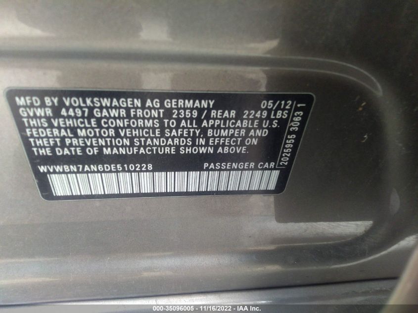 2013 VOLKSWAGEN CC SPORT PLUS WVWBN7AN6DE510228