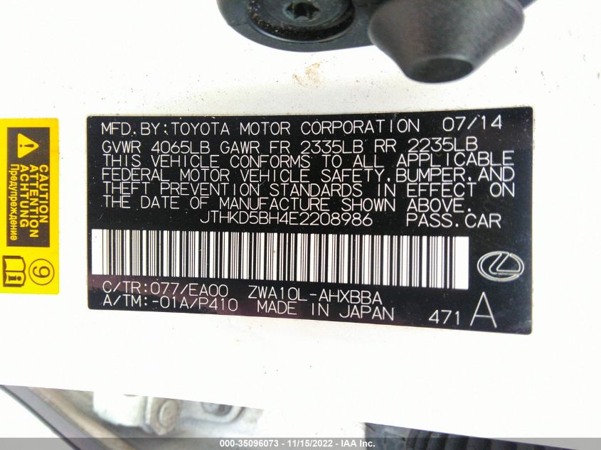 2014 LEXUS CT 200H HYBRID JTHKD5BH4E2208986