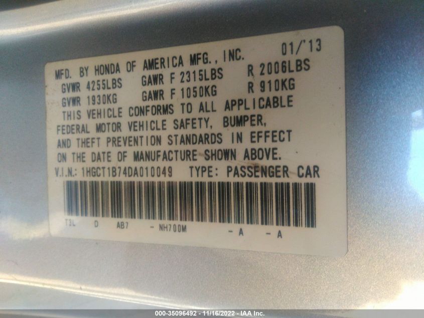 2013 HONDA ACCORD CPE EX 1HGCT1B74DA010049