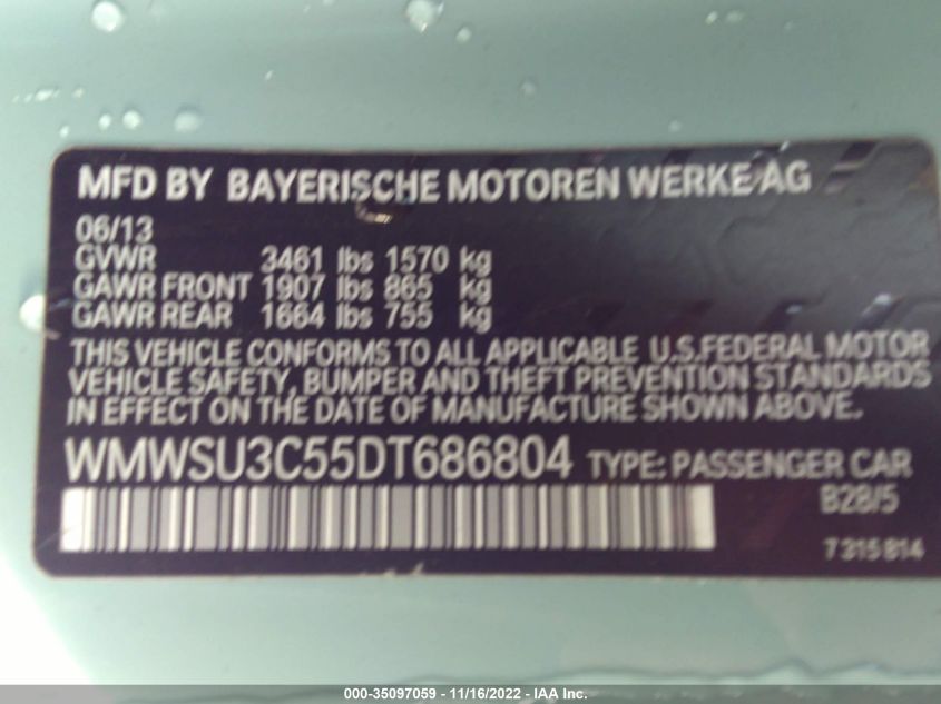 2013 MINI COOPER HARDTOP WMWSU3C55DT686804