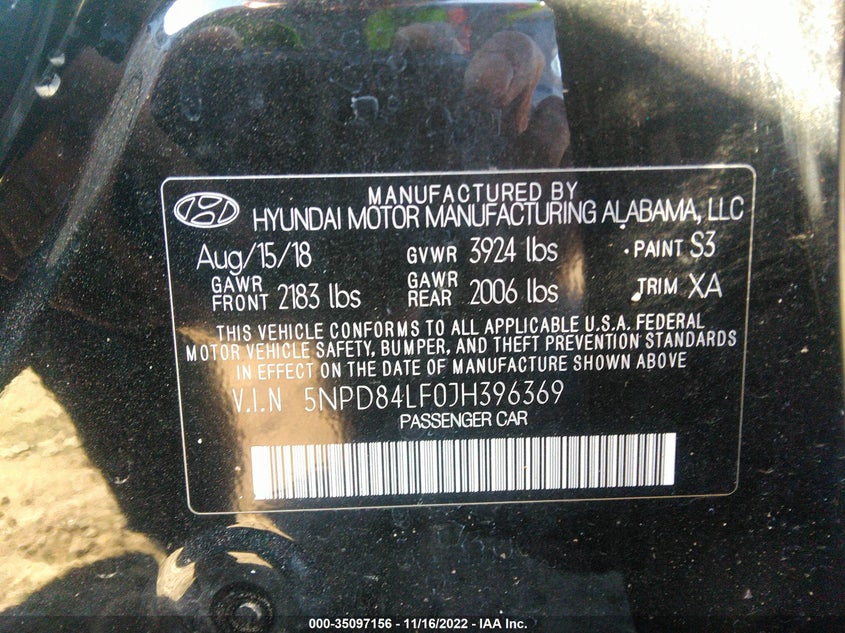 2018 HYUNDAI ELANTRA VIN: 5NPD84LF0JH396369