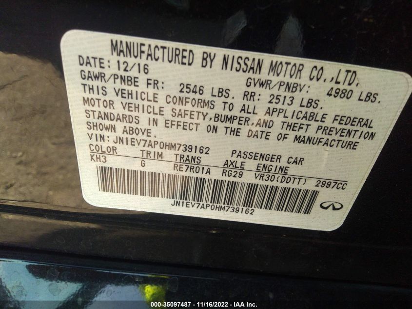 VIN JN1EV7AP0HM739162 2017 INFINITI Q50 3.0T SIGNATURE EDITION