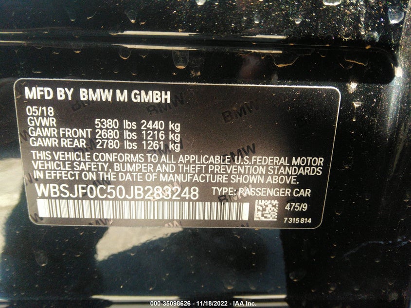Auction sale of the 2018 BMW M5 , vin: WBSJF0C50JB283248, lot number: 35098626