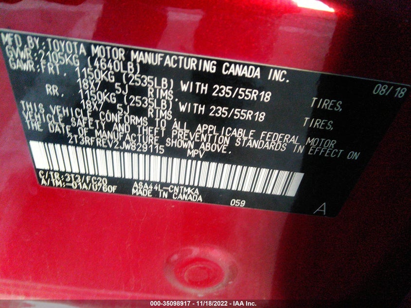 VIN 2T3RFREV2JW829115 2018 TOYOTA RAV4 XLE/ADVENTURE