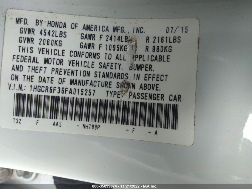 2015 HONDA ACCORD HYBRID 1HGCR6F36FA015257