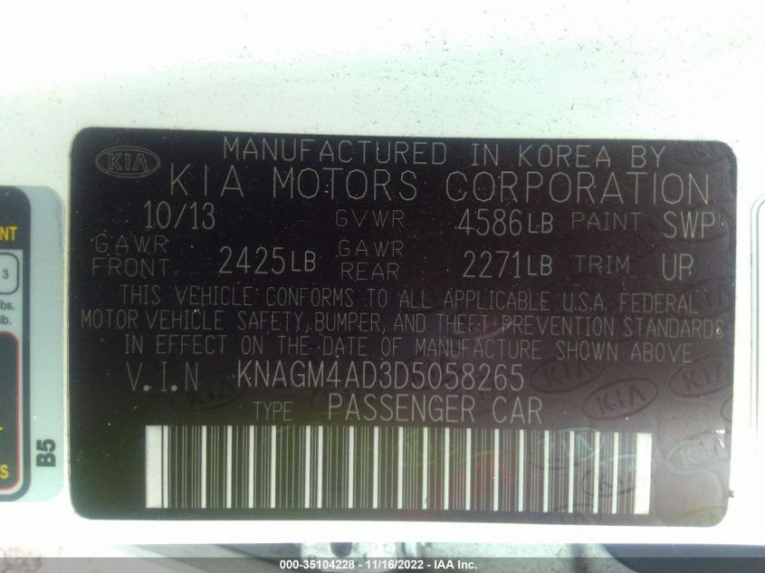 2013 KIA OPTIMA HYBRID EX KNAGM4AD3D5058265