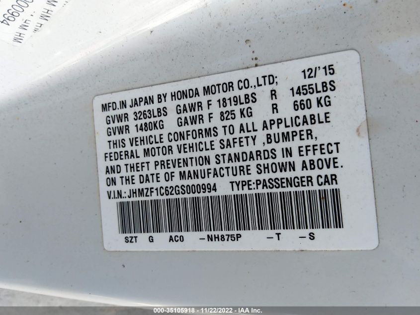 2016 HONDA CR-Z EX/EX-L JHMZF1C62GS000994